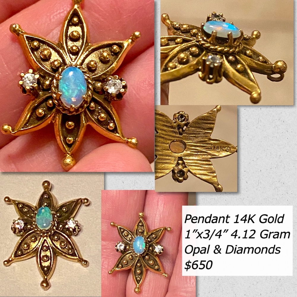 Beautiful 14K opal and diamond pendant $400.00
